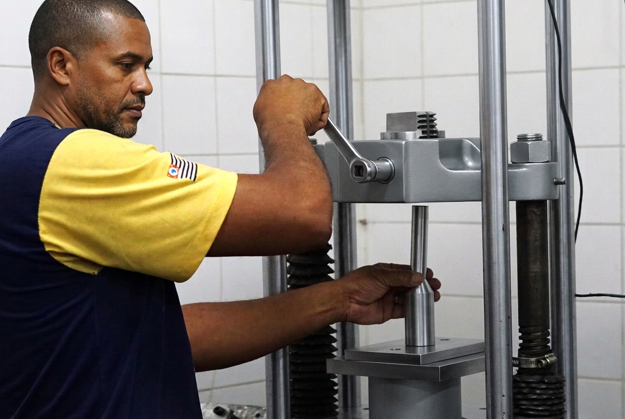 Técnico da Mercante realizando ensaio mecânico em corpo de prova